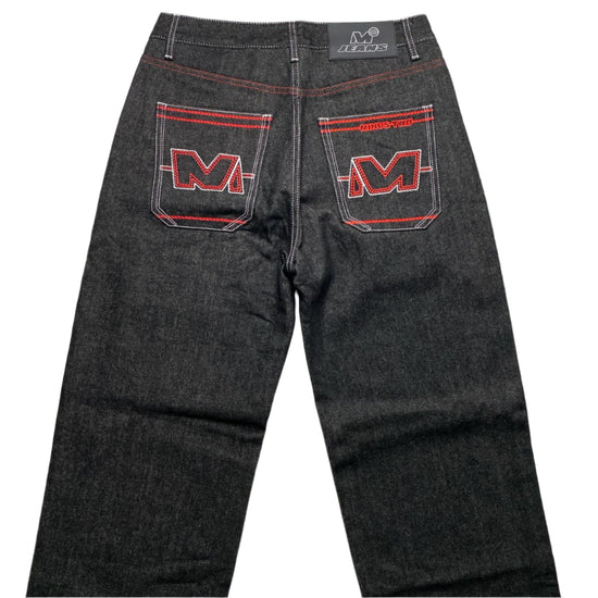 Minus Two Jean Black Charcoal Grey and Red Embroidery Jeans (32W/36W)