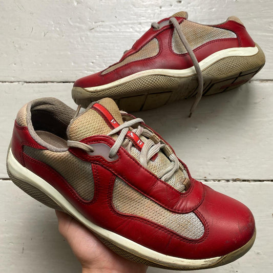 Prada Americas Cup Vintage Red and Grey Low Trainers