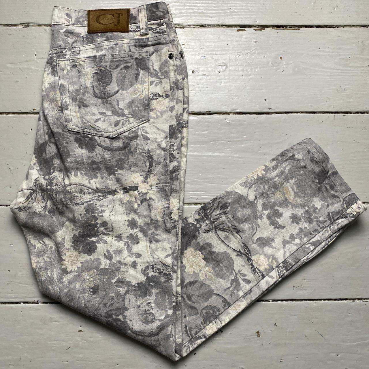 Cavalli Vintage Womens Floral Print White and Grey Jeans