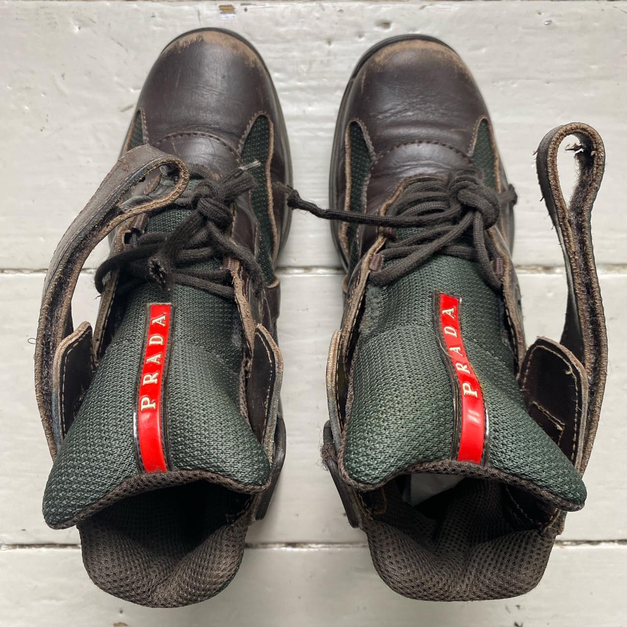 Prada Americas Cup Vintage Brown and Red High Top Trainer Boots