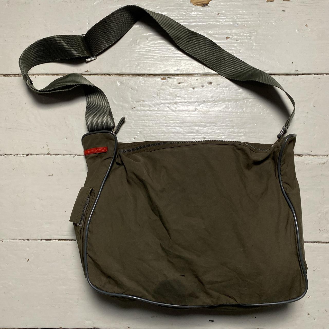 Prada Sport Vintage Nylon Messenger Bag Khaki Olive Green Red Strip