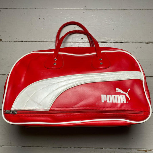 Puma Vintage Red and White Leather Duffle Travel Bag