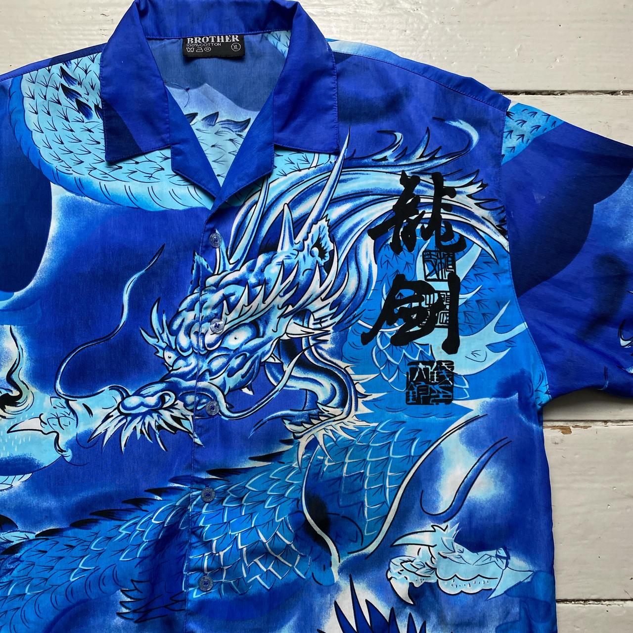 Dragon Y2K Japanese Silk Blue Short Sleeve Shirt