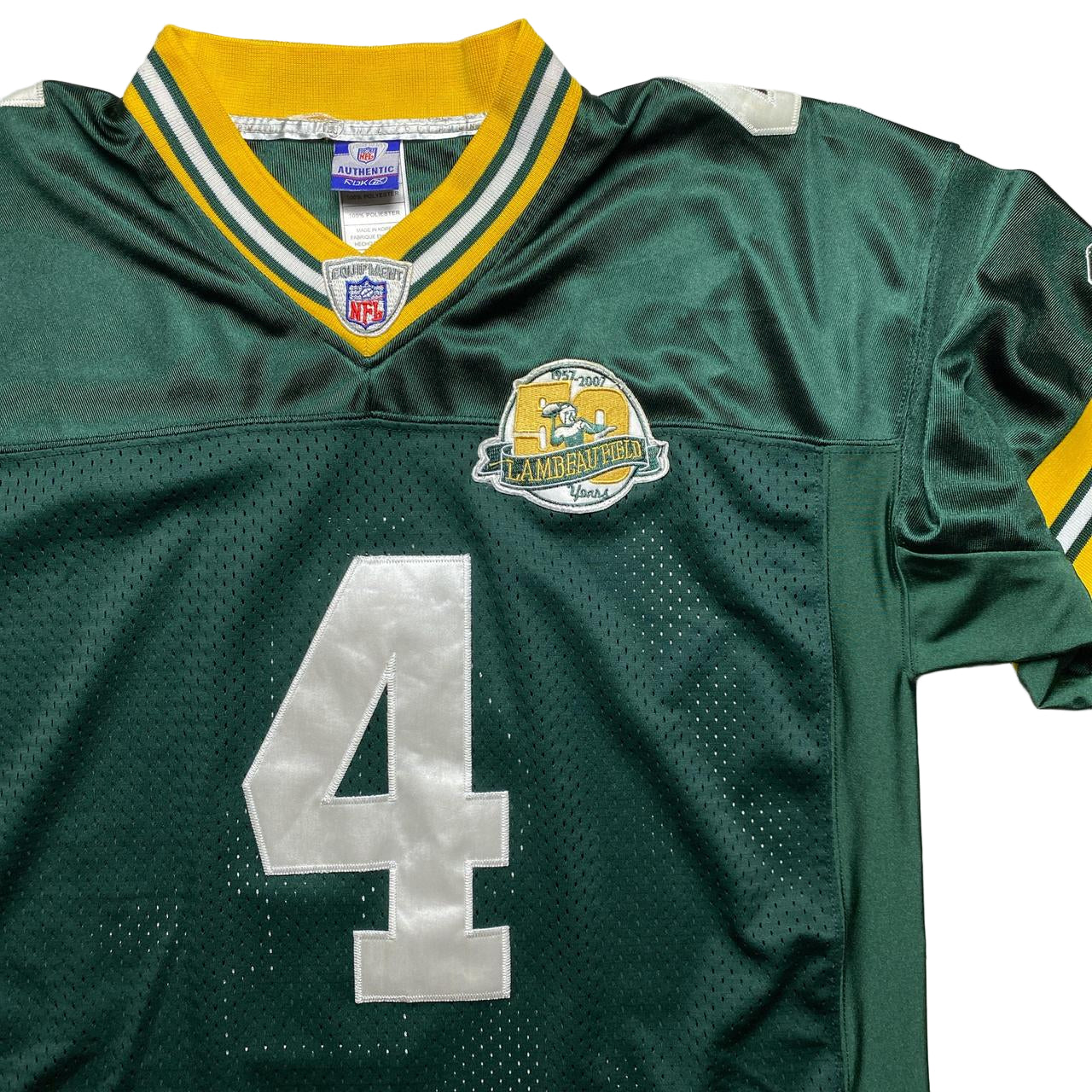 Greenbay Packers Reebok Brett Favre Lambeaufield 2007 NFL Green and Yellow Football Jersey (L)