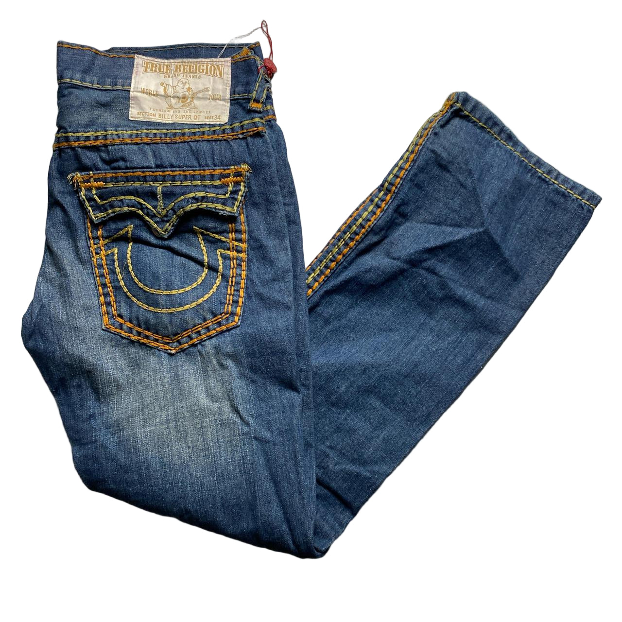 True Religon Bily Super QT Big Yellow Gold Stitch Blue Jeans (36W)