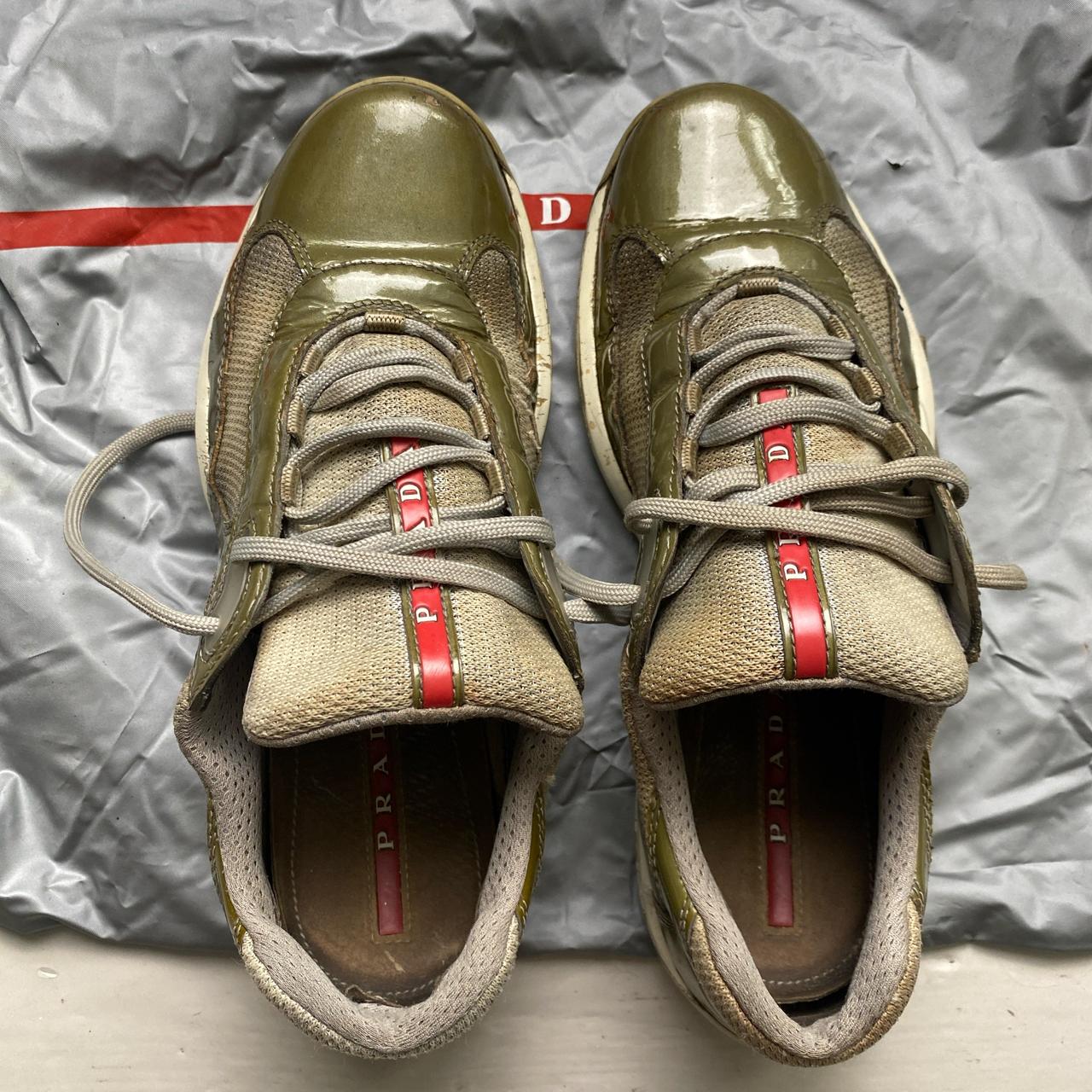 Prada Americas Cup Vintage Khaki Patent and Grey Low Trainers