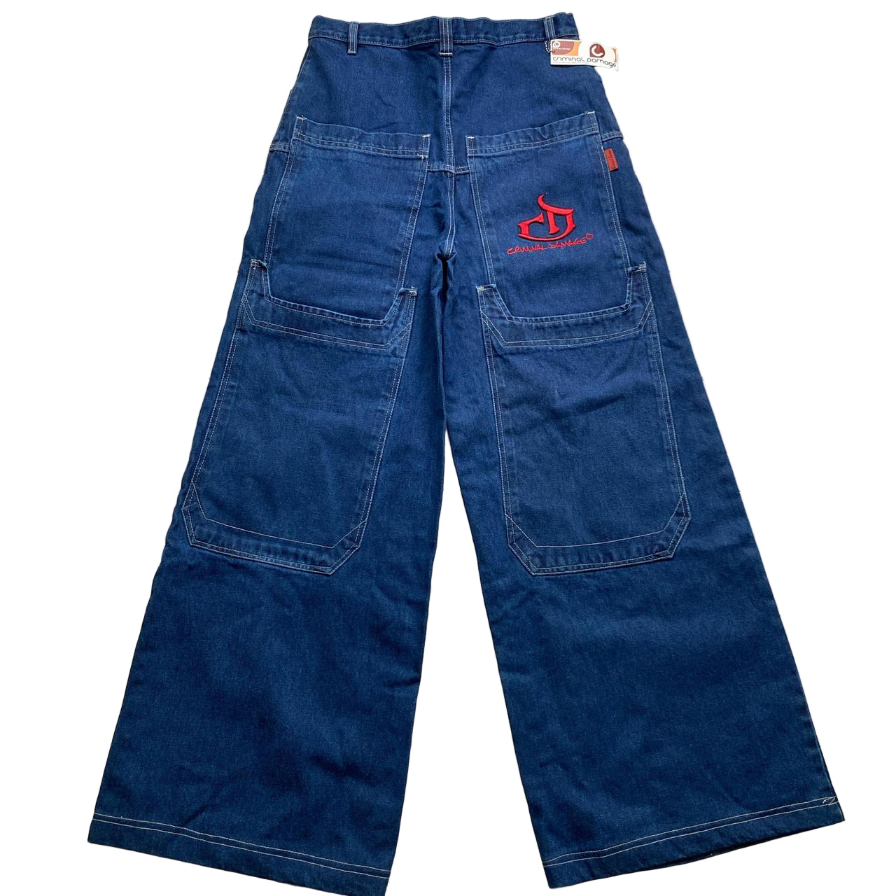 Criminal Damage Vintage Navy Baggy Cargo Carpenter Red Embroidery Jeans (34W)