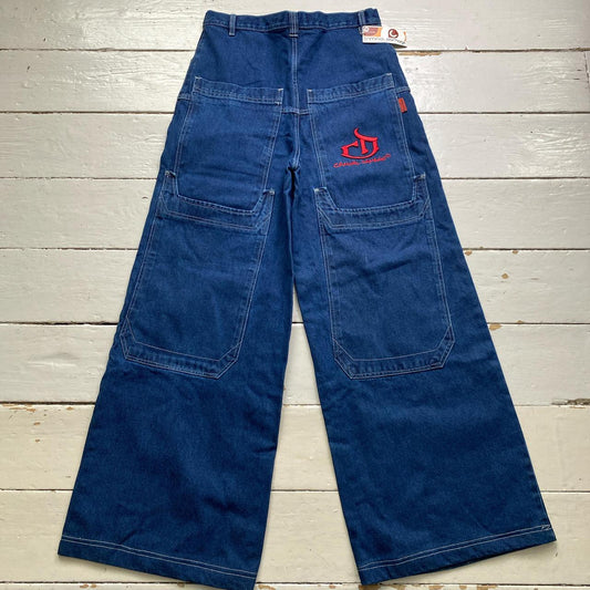 Criminal Damage Vintage Navy Baggy Cargo Carpenter Red Embroidery Jeans