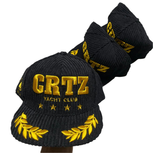 Corteiz CRTZ Soho Yacht Club Black and Gold Corduroy Velvet Snapback Cap