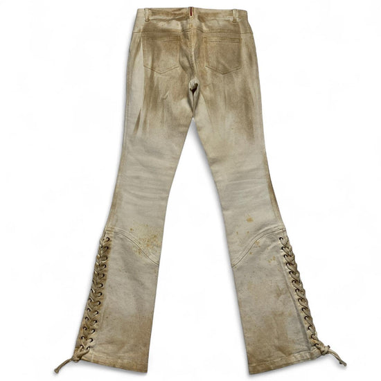 Prada Distressed Runway Vintage y2k Cream Lace Up Flared Cowgirl Jeans (28W)