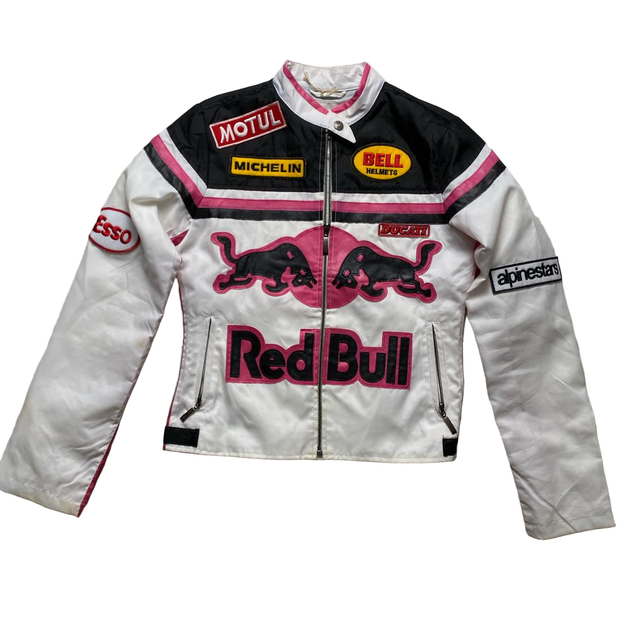 Redbull Vintage Biker Style Womens Bomber Jacket with Leather Patches (S)