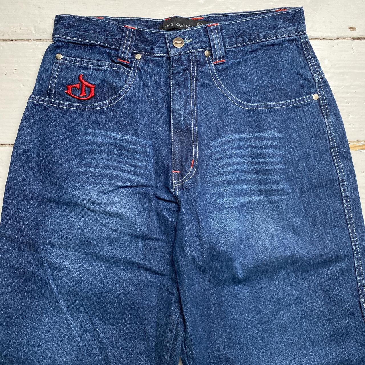 Criminal Damage Baggy Carpenter Jeans Navy and Red Embroidery