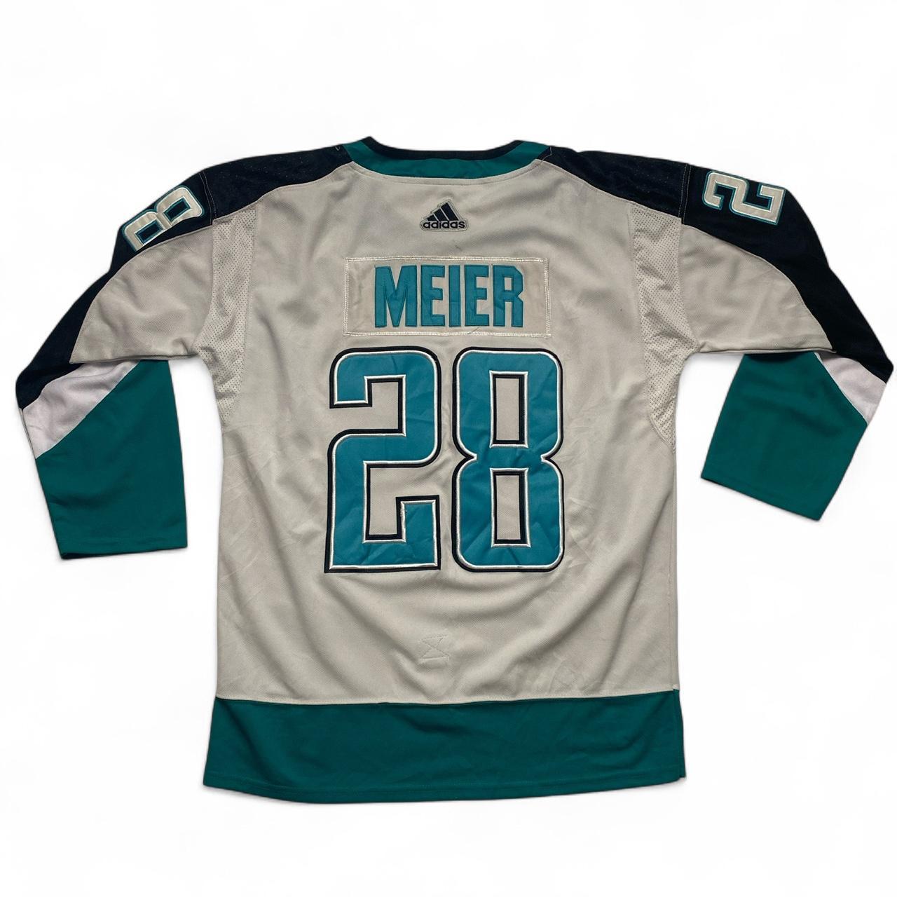 San Jose Sharks Meier 28 NHL Hockey Jersey White Black and Blue (L)