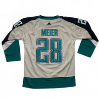 San Jose Sharks Meier 28 NHL Hockey Jersey White Black and Blue (L)