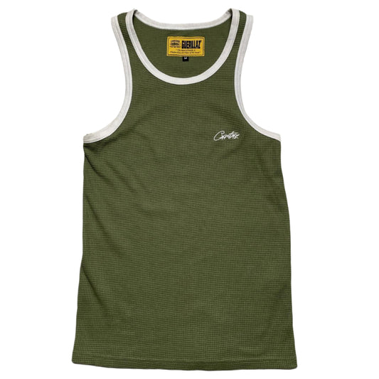 Corteiz Womens Khaki Green and White Tank Top Vest Dress Waffle Knit (M)