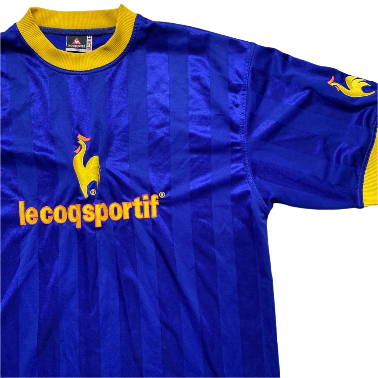 Le Coq Sportif Vintage 90’s Football Jersey T Shirt Blue and Yellow (L)