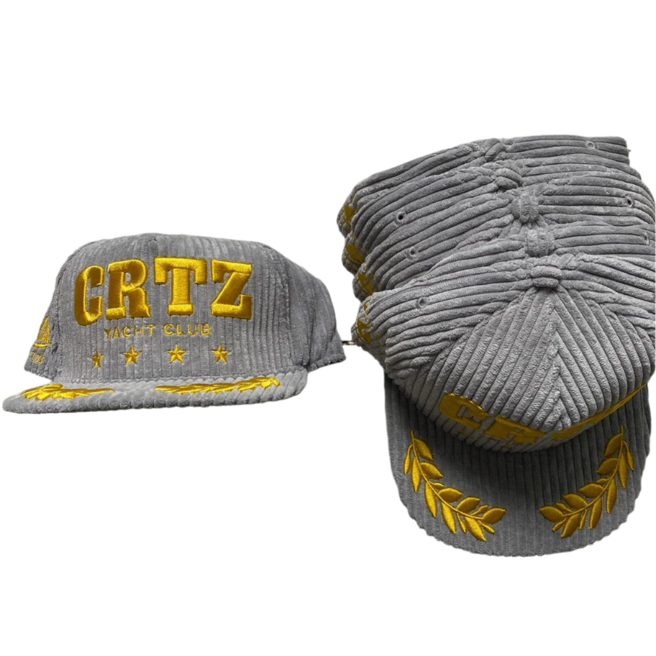 Corteiz Soho Yacht Club Corduroy Grey and Gold Velour Snapback Cap