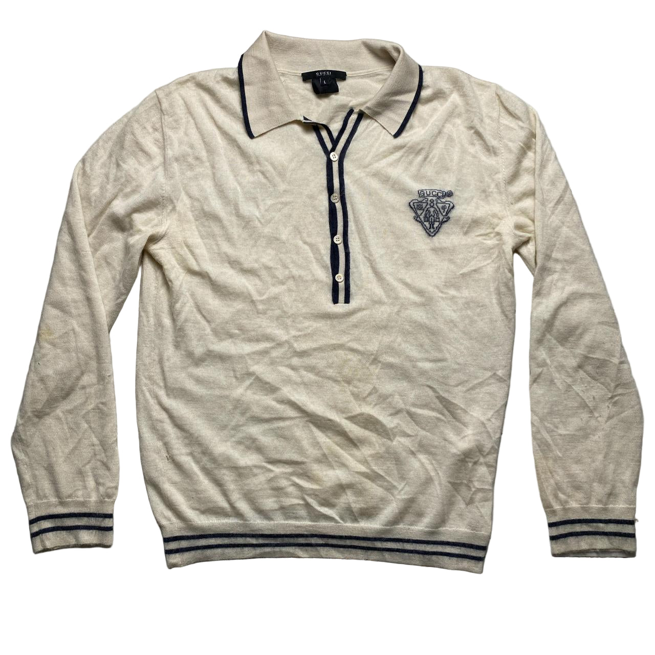Gucci Vintage Cream and Navy Wool Polo Long Sleeve Jumper Shirt (L)