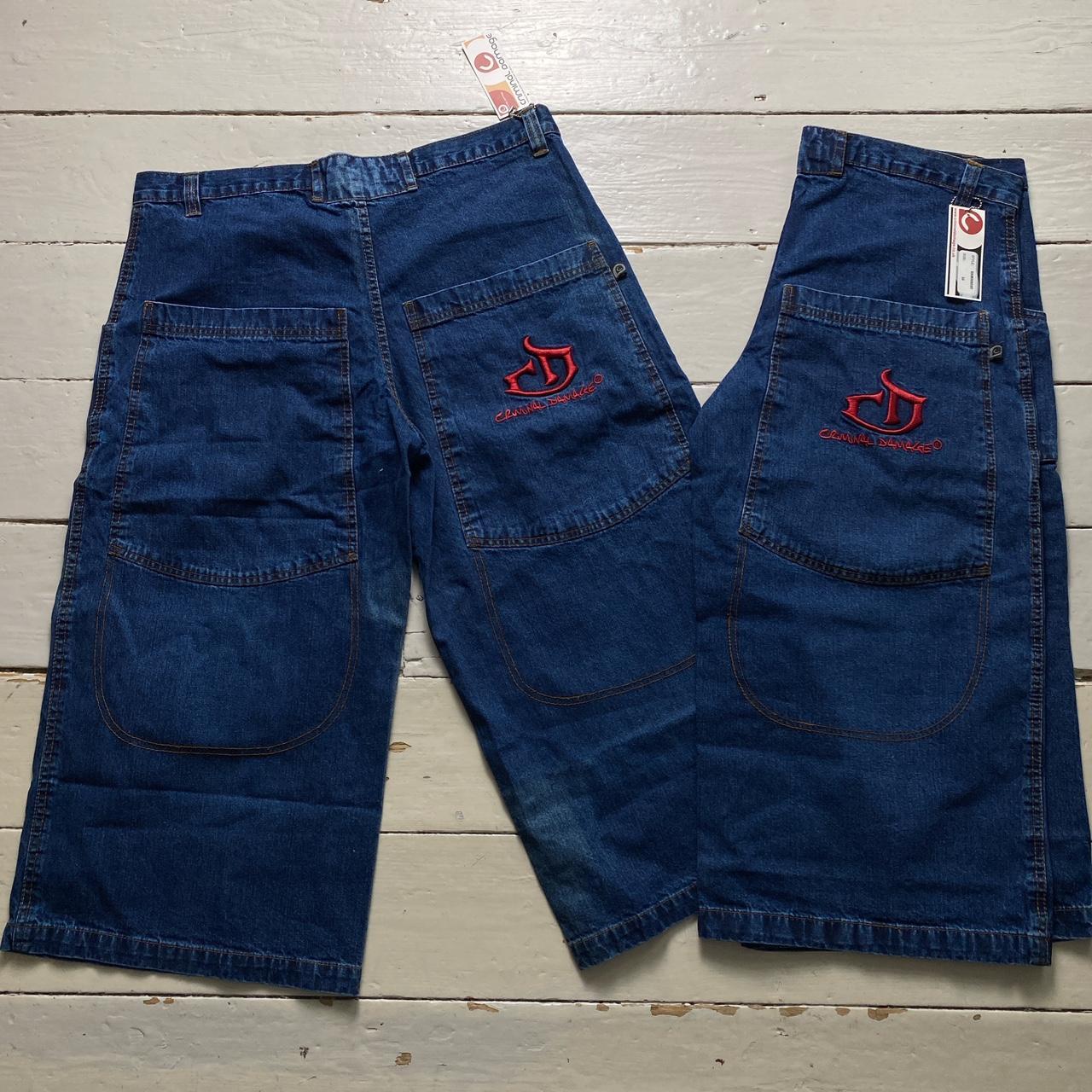 Criminal Damage Baggy Embroidered Navy and Red Jorts Jean Shorts