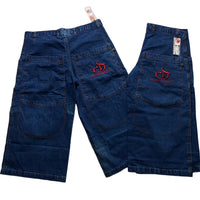 Criminal Damage Baggy Embroidered Navy and Red Jorts Jean Shorts (38W/40W)