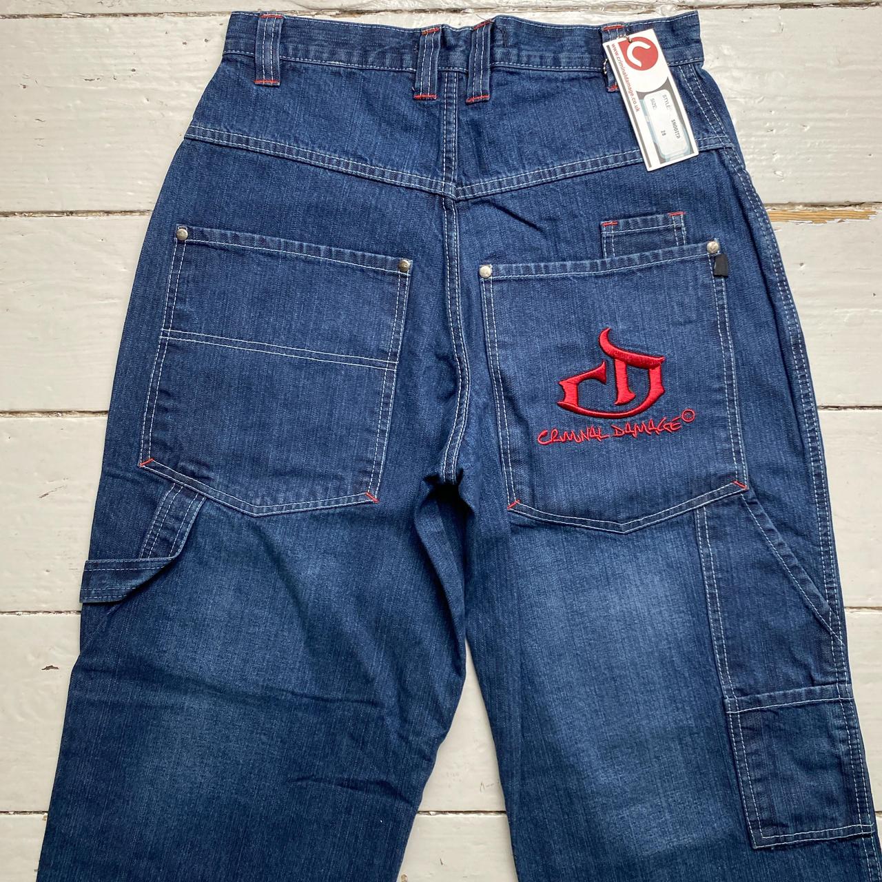 Criminal Damage Baggy Carpenter Jeans Navy and Red Embroidery