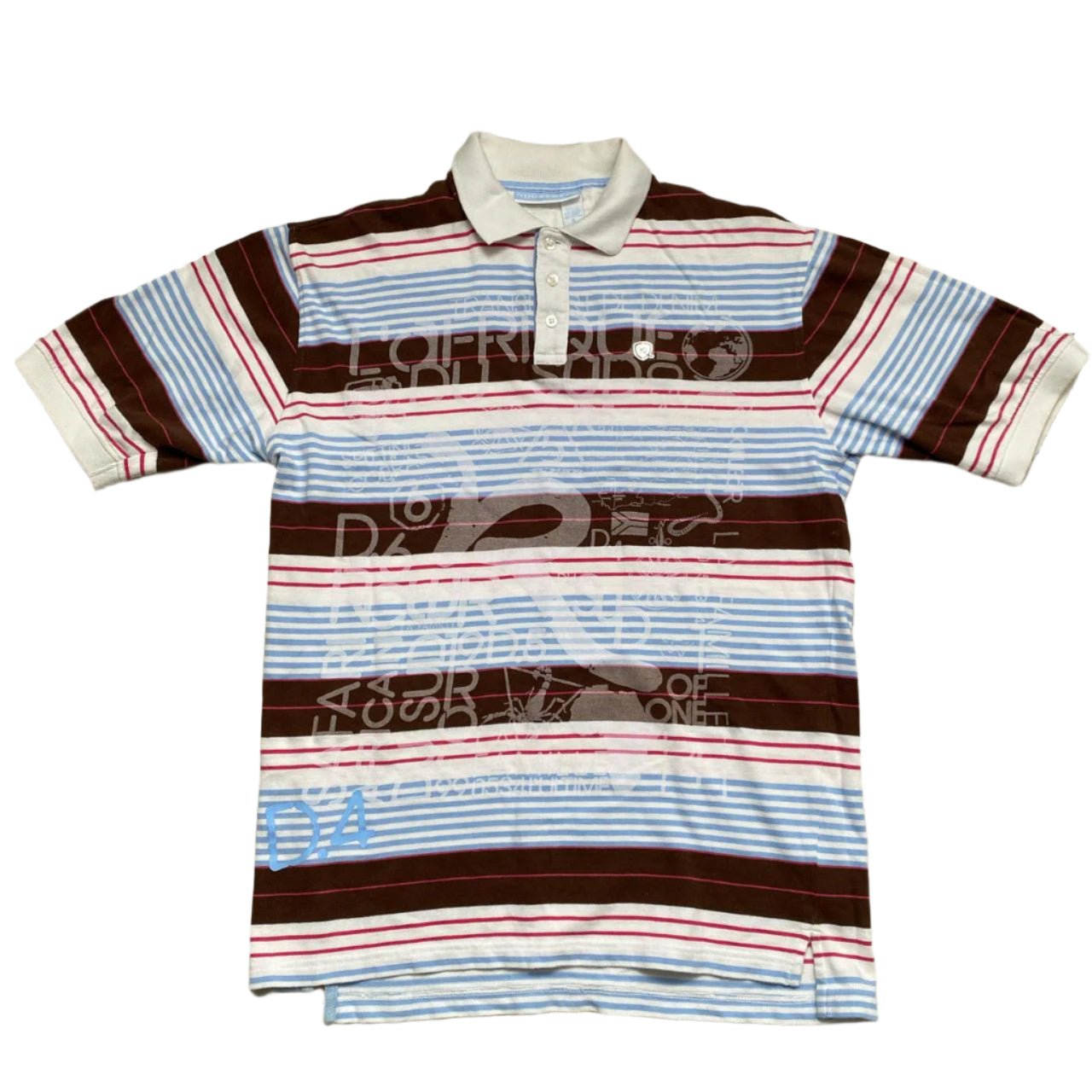 Rocawear Vintage Striped Brown White Baby Blue and Pink Polo Shirt (S)
