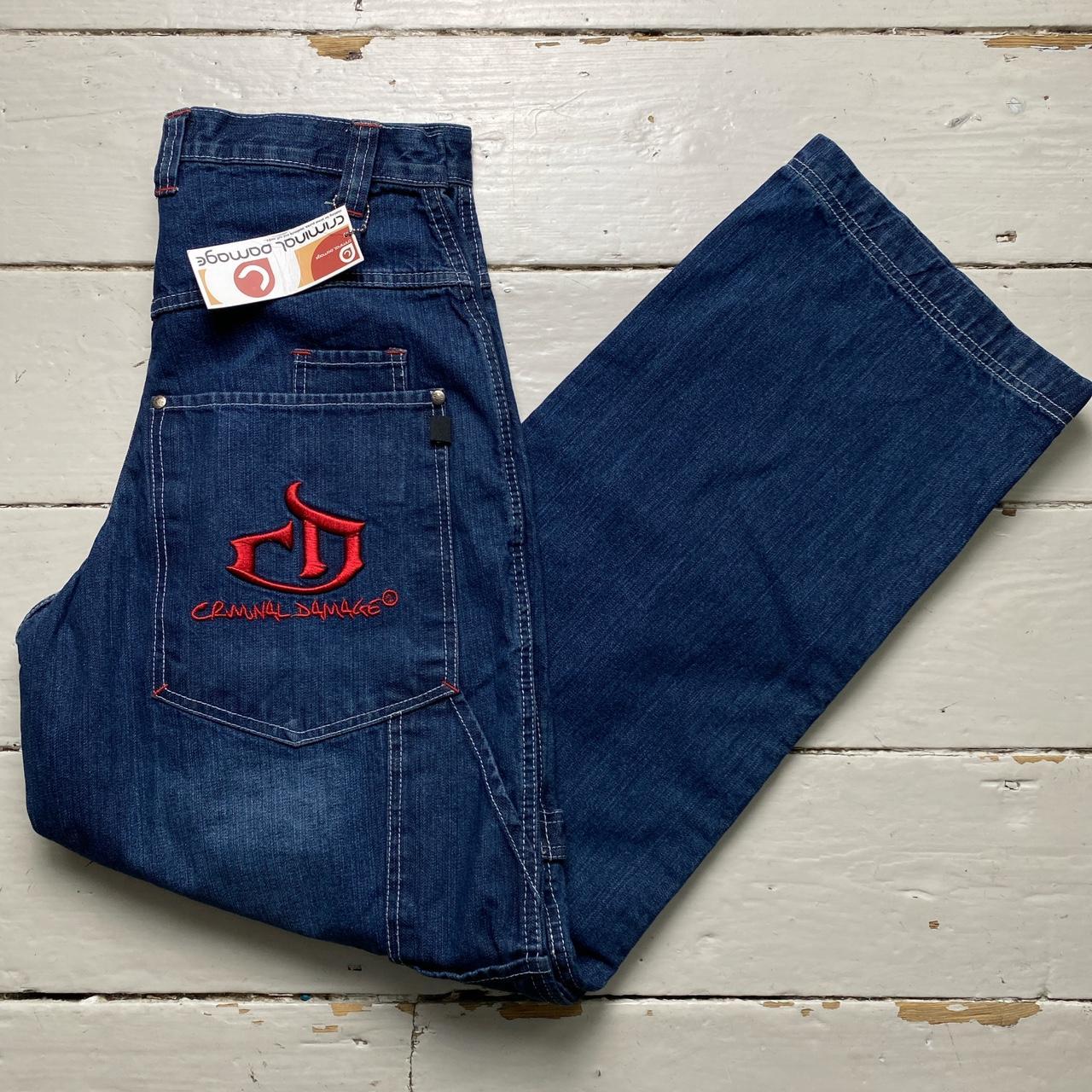 Criminal Damage Vintage Baggy Carpenter Cargo Embroidery Navy and Red Jeans