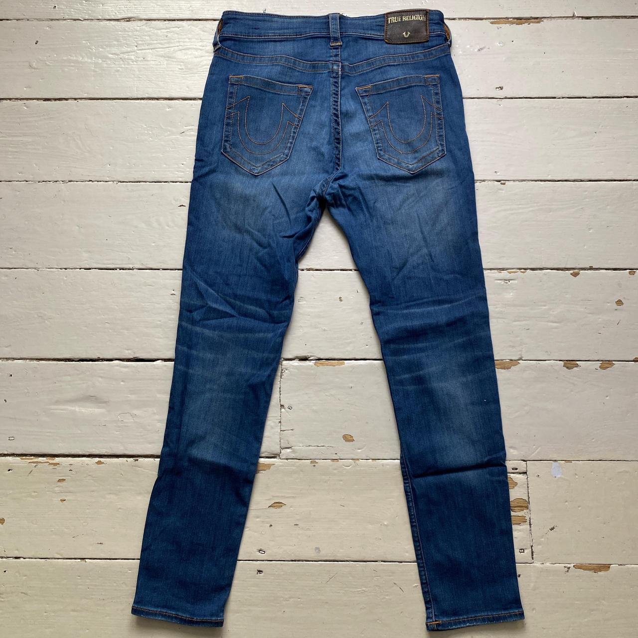 True Religion Jack Slim Blue and Gold Stitch Jeans