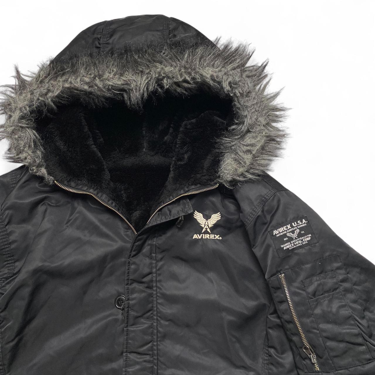 Avirex Vintage y2k Black Reversible Faux Fur Bomber Fur Trim Hooded Jacket (M)