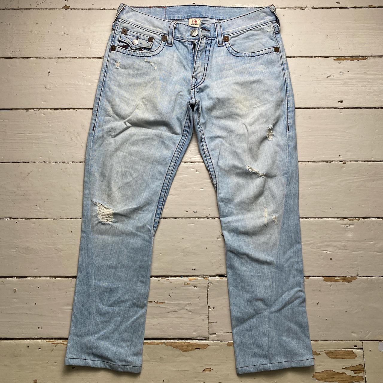 True Religion Light Blue and Brown Stitch Rainbow Joey Jeans