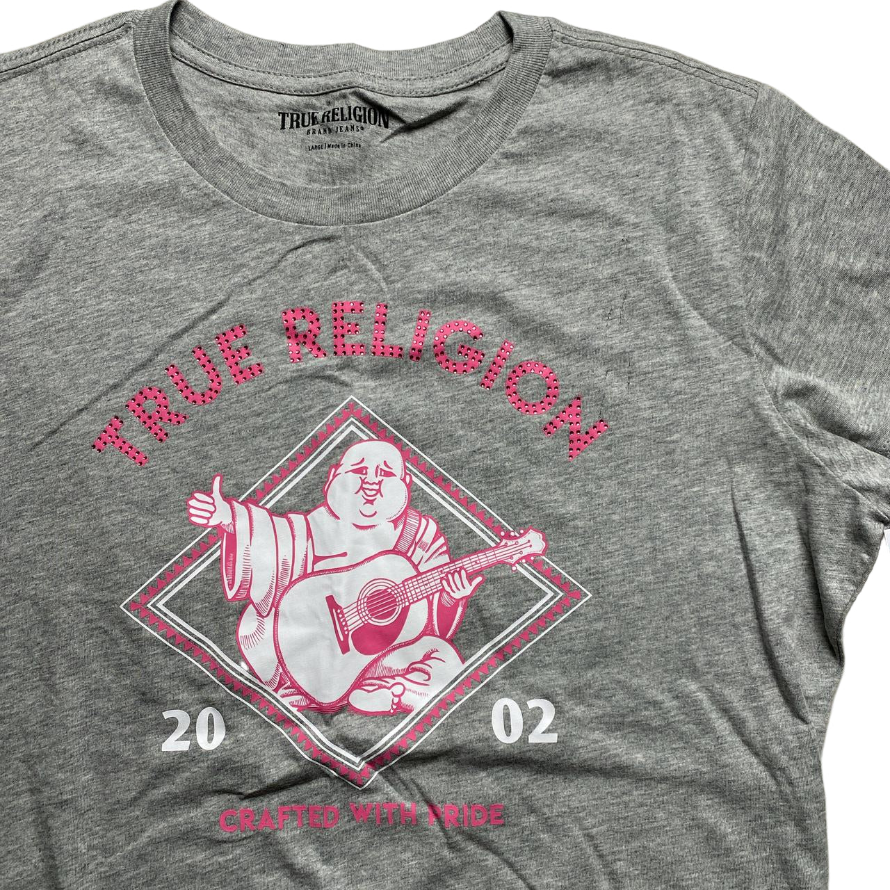 True Religion Womens Rhinestone Grey White and Pink Buddha T Shirt (L)