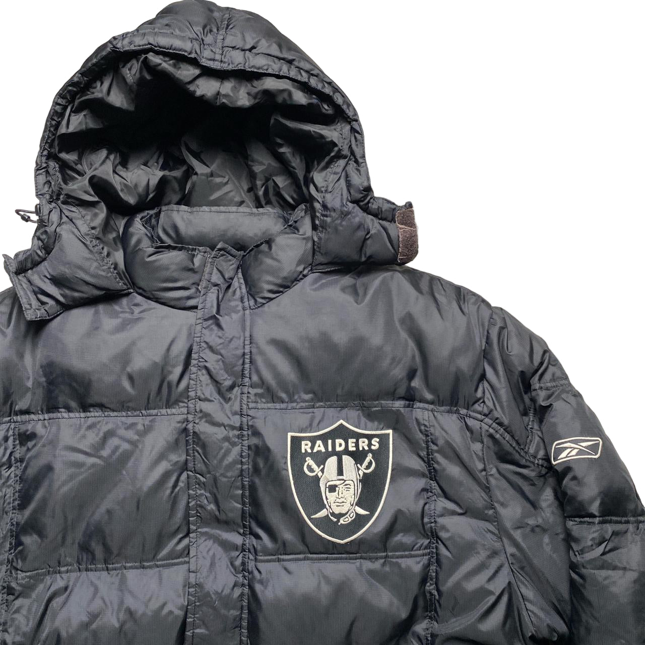 NFL Raiders Reebok Vintage Black Grey and White Puffer Jacket (XL)