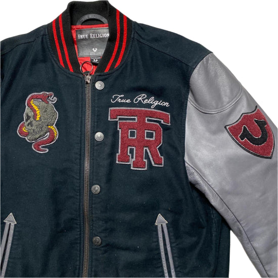 True Religion Varsity Jacket Leather and Cotton Black and Red (XL)