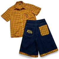 Earthling Hoo Short Sleeve Plaid Shirt and Jorts Jean Shorts Set (M)