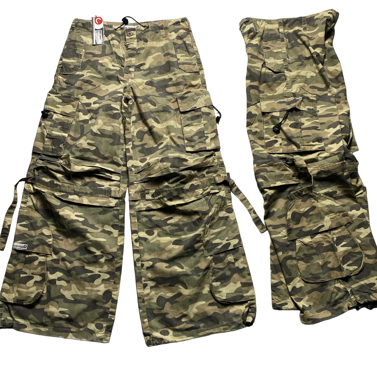 Criminal Damage Light Green Khaki Camouflage Cargo Baggy Vintage y2k Combat Trousers (30/32W)