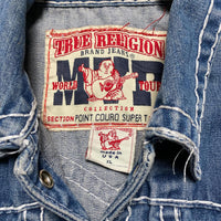 True Religion MVP Point Couro Super T Blue and White Stitch Denim Jacket (XL)
