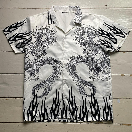 Y2K Dragon and Flames White and Black Silk Shirt
