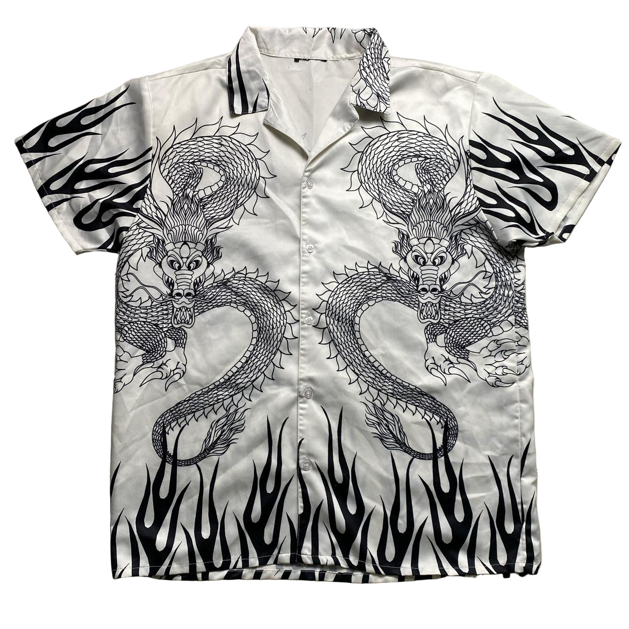 Y2K Dragon and Flames White and Black Silk Shirt (XL)