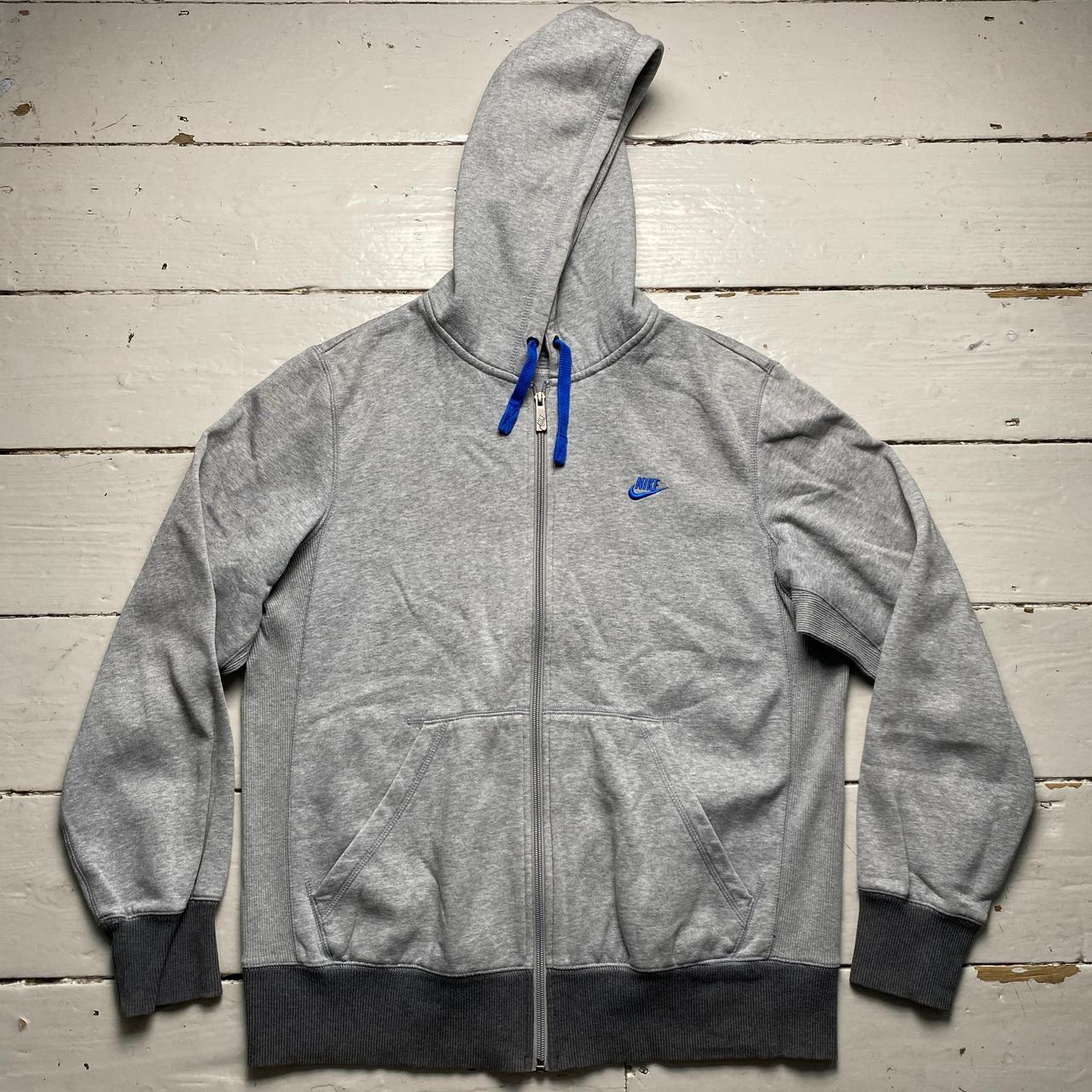 Nike Grey and Blue Swoosh Vintage Hoodie