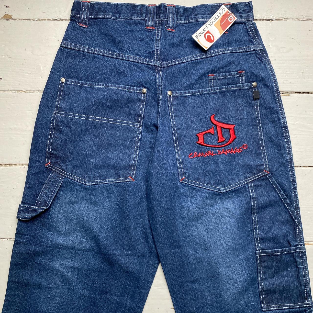 Criminal Damage Vintage Baggy Carpenter Cargo Embroidery Navy and Red Jeans