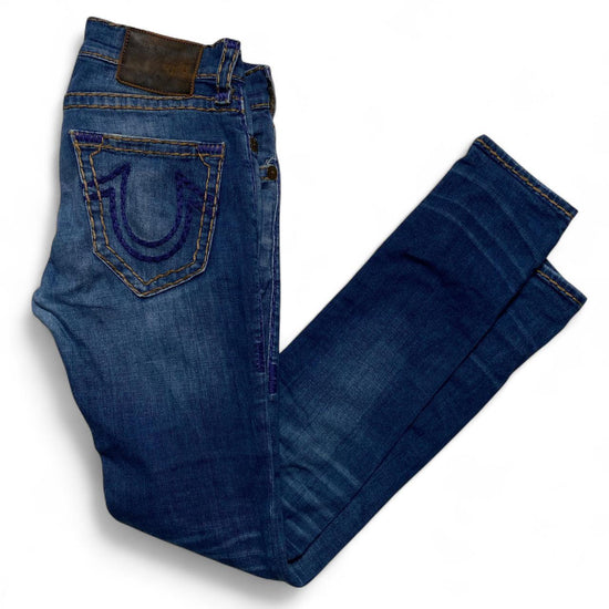 True Religion Womens Big Purple and Gold Stitch Rocco Slim Skinny Jeans (29W)