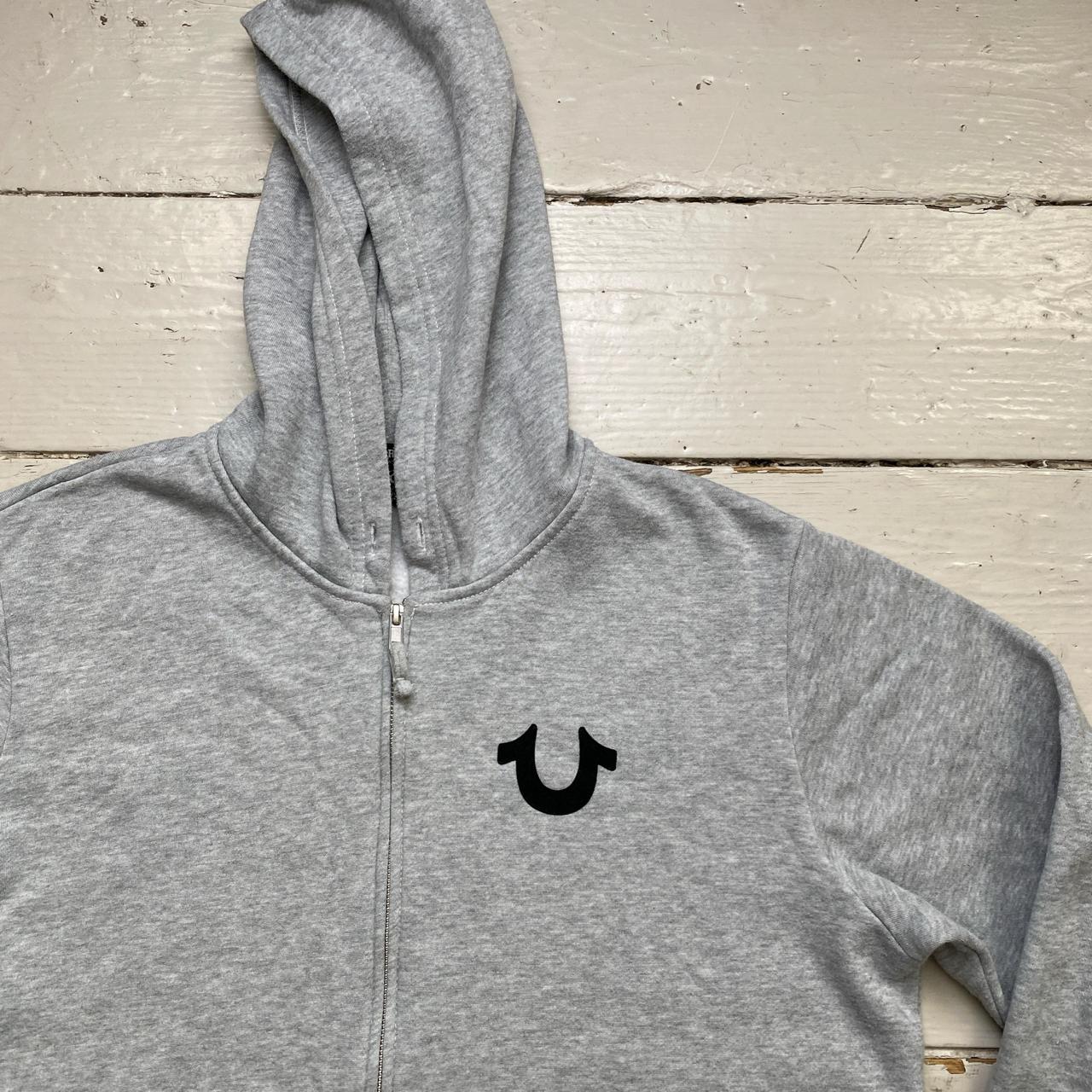 True Religion Grey and Black Suede Felt Logos Hoodie