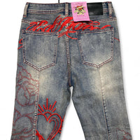 Ed Hardy y2k Light Blue Stonewashed Red Embroidery Love Flared Womens Jeans (27W)