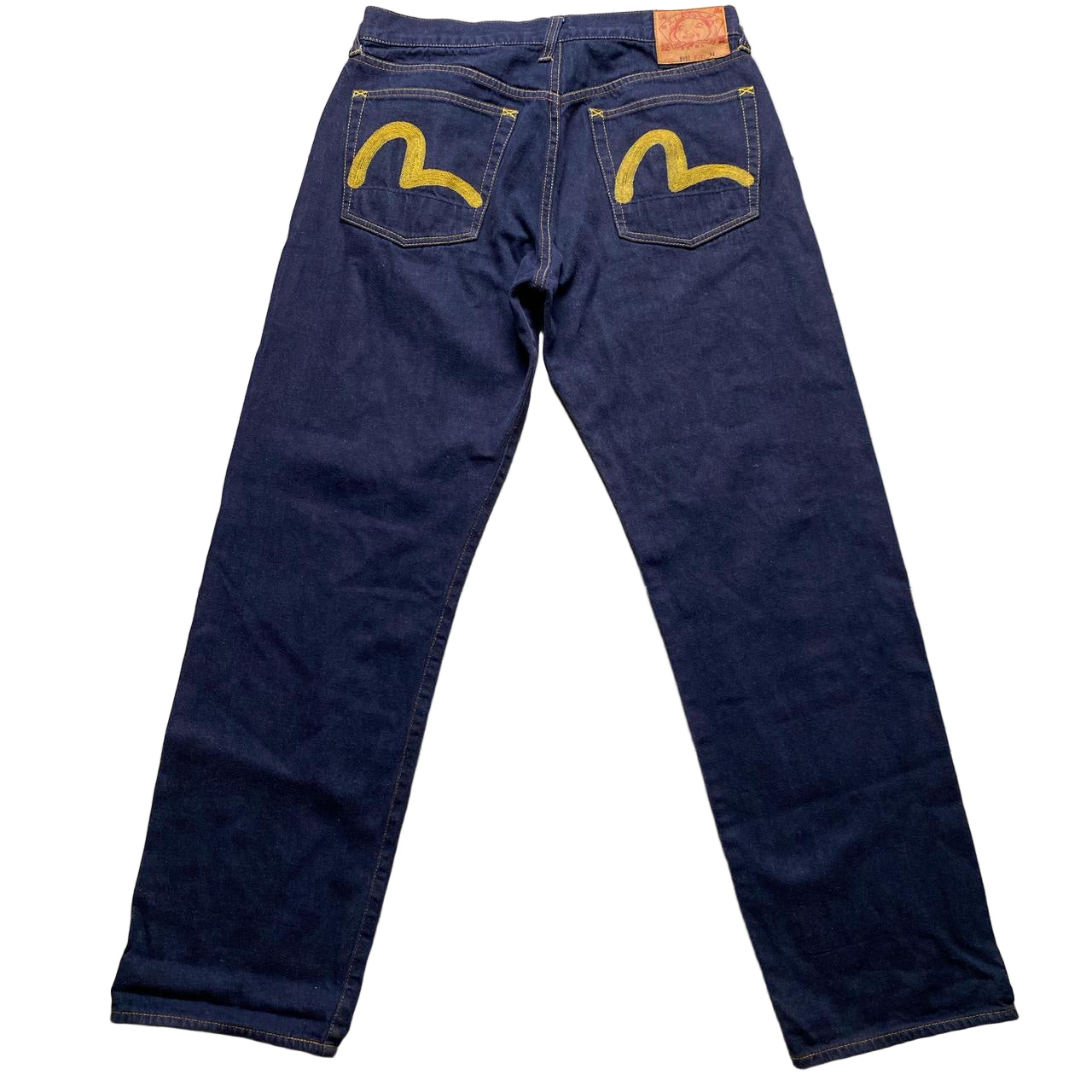 Evisu 0001 Navy and Yellow Daicock Swoosh Jeans (34W)