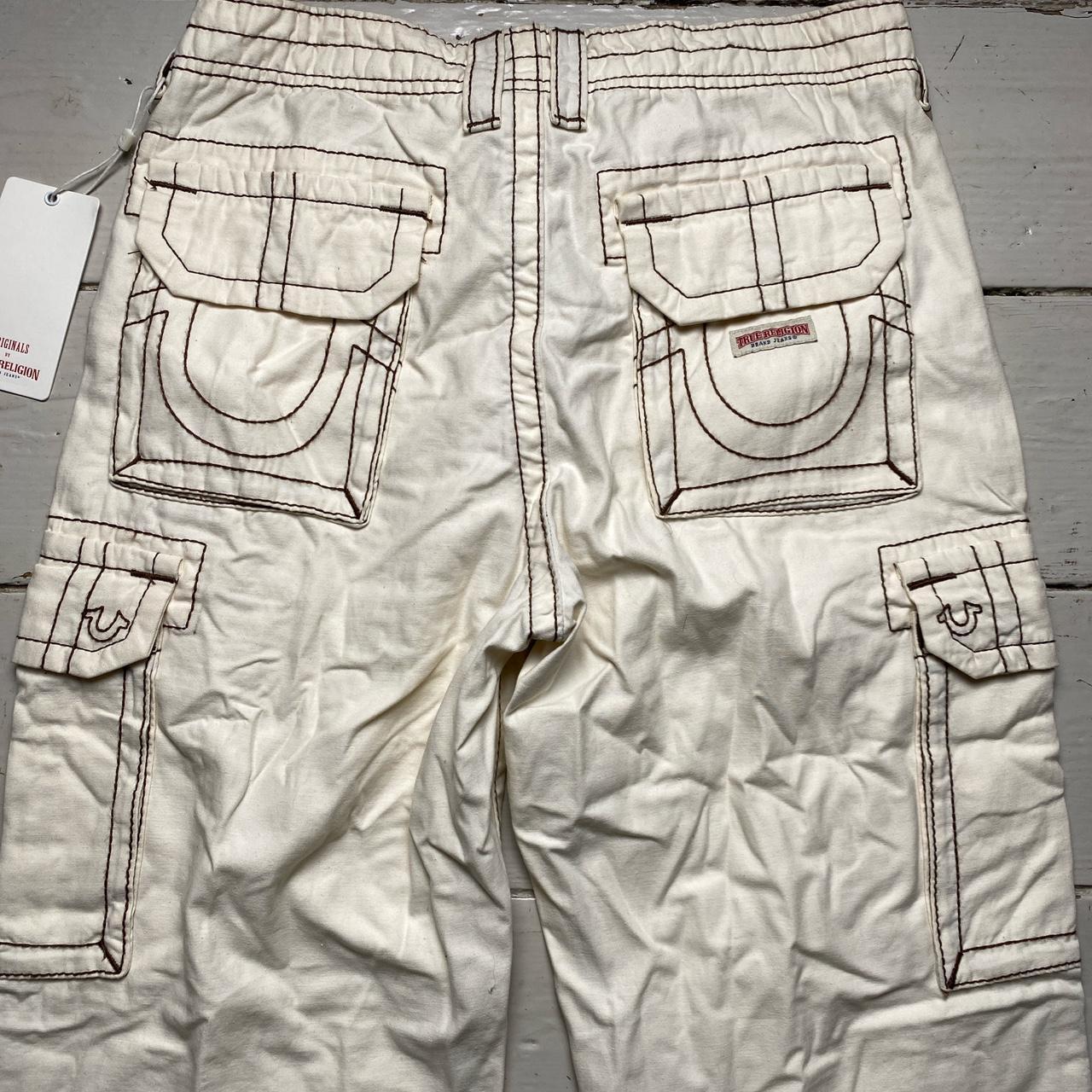 True Religion Baggy Cream and Brown Embroidery Cargo Trousers