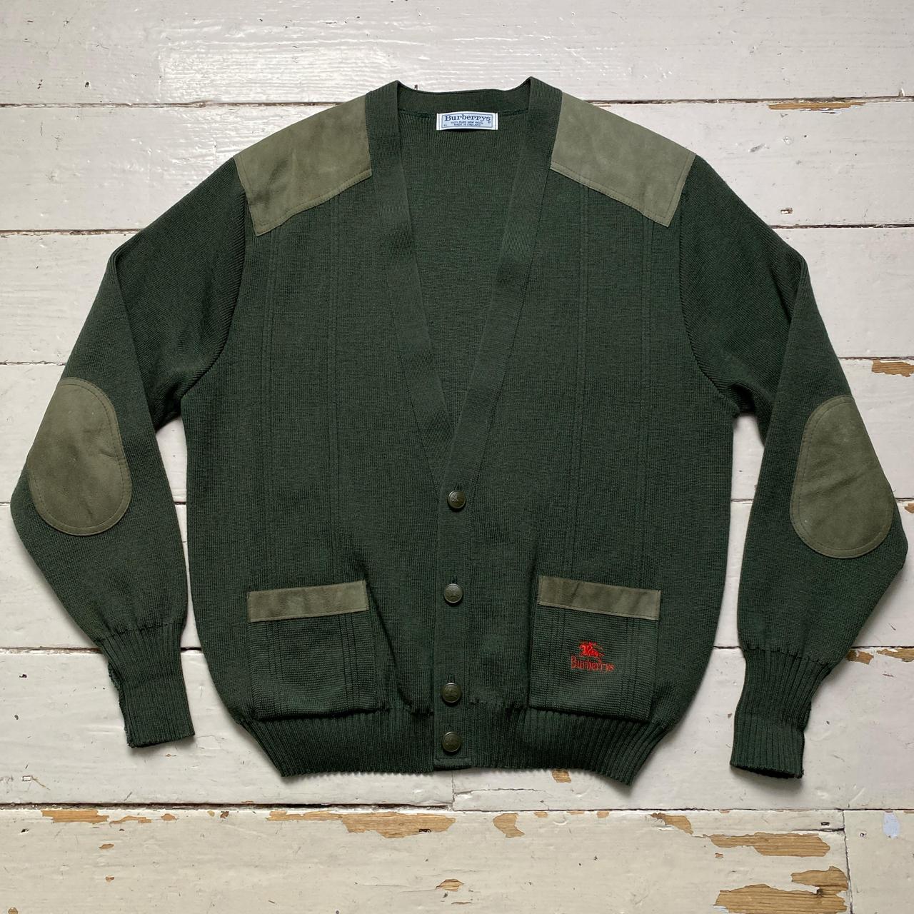 Burberry Burberrys Vintage 90’s Khaki Green Knit Cardigan with Suede Panels