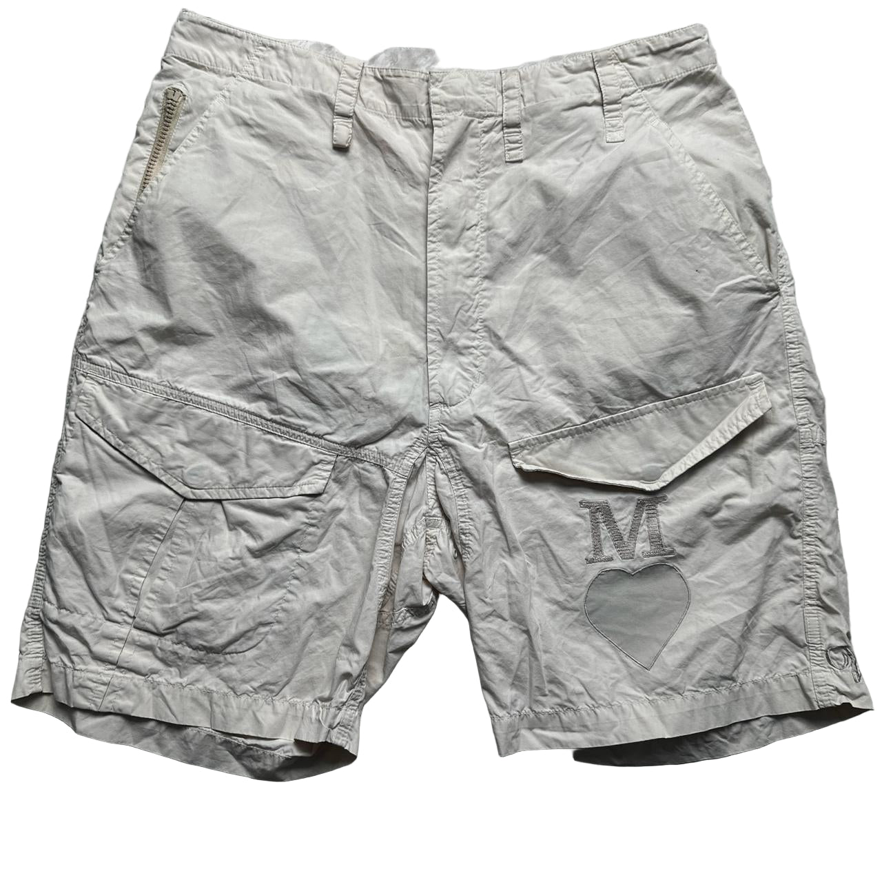 Maharishi Vintage Heart and Skull We Met the Maha Embroidery Cream Cargo Shorts (S)