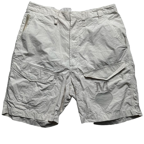Maharishi Vintage Heart and Skull We Met the Maha Embroidery Cream Cargo Shorts (S)