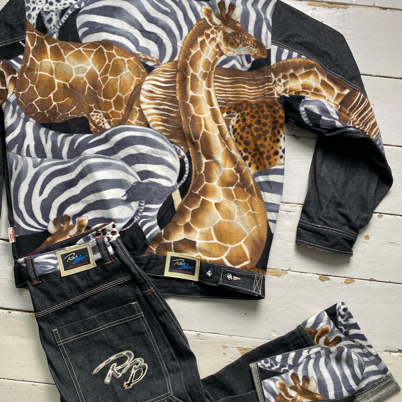 Raw Blue Full Denim Giraffe and Zebra Wildlife Jeans Set (L)