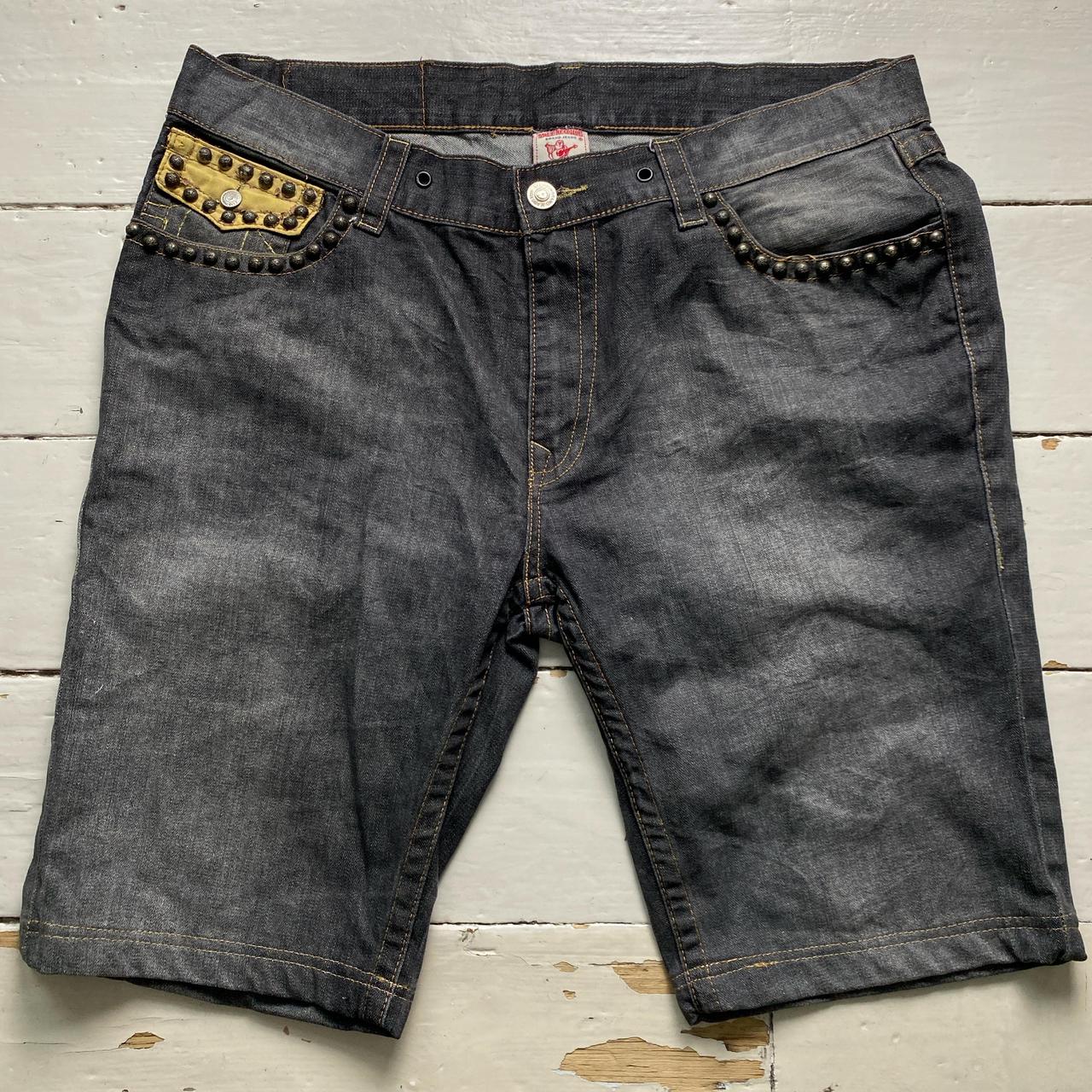 True Religion Billy Baggy Vintage Stud and Gold Stitch Grey Jort Jean Shorts